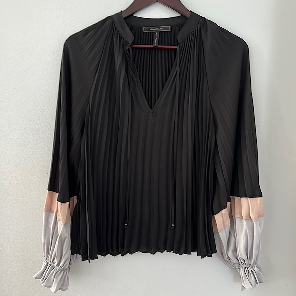 BCBG MAXAZRIA pleated long sleeve blouse top small black pink grey neck ties